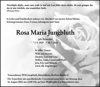 Traueranzeige von Rosa Maria Jungbluth von vrm-trauer
