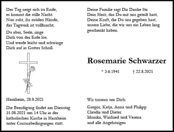 Traueranzeige von Rosemarie Schwarzer von vrm-trauer