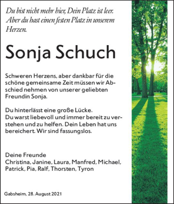 Traueranzeige von Sonja Schuch von vrm-trauer