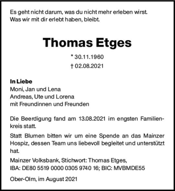 Traueranzeige von Thomas Etges von vrm-trauer