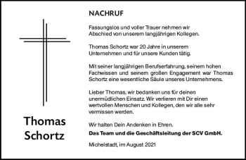 Traueranzeige von Thomas Schortz von vrm-trauer