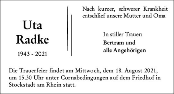 Traueranzeige von Uta Radke von vrm-trauer