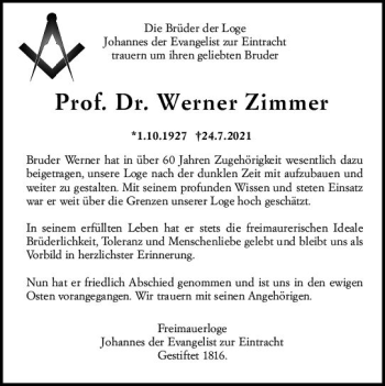 Traueranzeige von Werner Zimmer von vrm-trauer