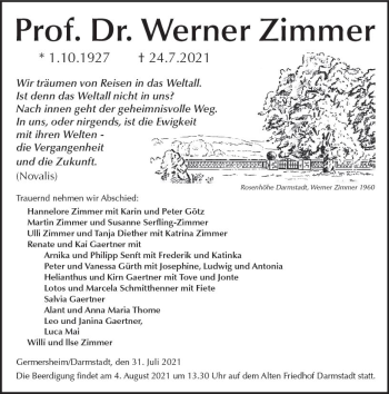 Traueranzeige von Werner Zimmer von vrm-trauer