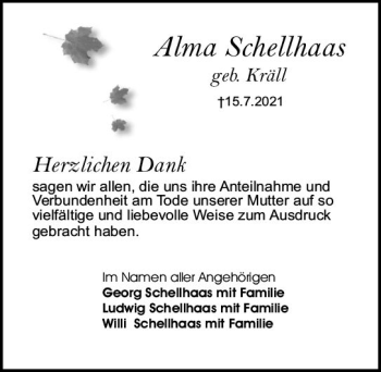 Traueranzeige von Alma Schellhaas von vrm-trauer