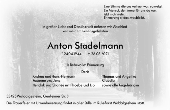 Traueranzeige von Anton Stadelmann von vrm-trauer
