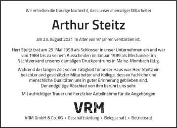 Traueranzeige von Arthur Steitz von vrm-trauer