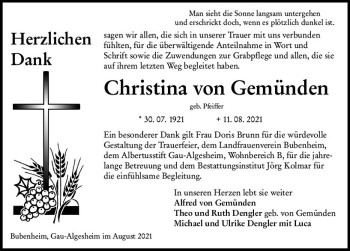 Traueranzeige von Christina von Gemünden von vrm-trauer