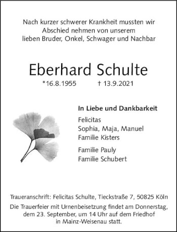 Traueranzeige von Eberhard Schulte von vrm-trauer