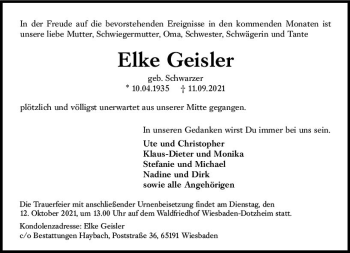 Traueranzeige von Elke Geisler von vrm-trauer