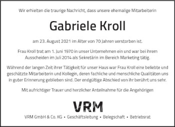 Traueranzeige von Gabriele Kroll von vrm-trauer