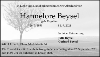 Traueranzeige von Hannelore Beysel von vrm-trauer
