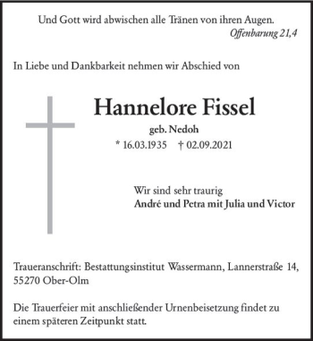 Traueranzeige von Hannelore Fissel von vrm-trauer
