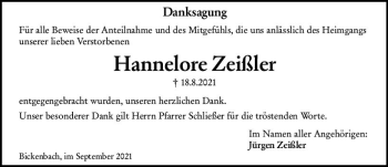Traueranzeige von Hannelore Zeißler von vrm-trauer