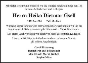 Traueranzeige von Heiko Dietmar Gsell von vrm-trauer