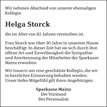 Traueranzeige von Helga Storck von vrm-trauer
