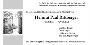 Traueranzeige von Helmut Paul Rittberger von vrm-trauer