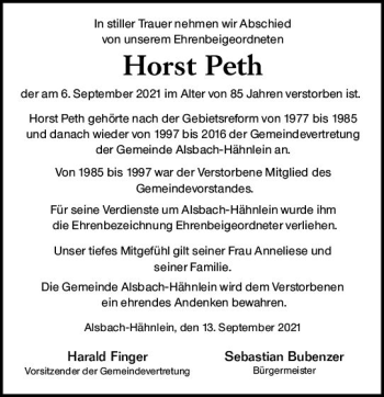 Traueranzeige von Horst Peth von vrm-trauer