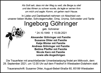 Traueranzeige von Ingeborg Göhringer von vrm-trauer