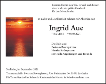 Traueranzeige von Ingrid Aue von vrm-trauer