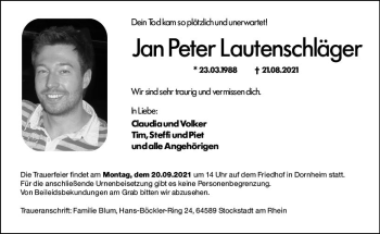 Traueranzeige von Jan Peter Lautenschläger von vrm-trauer