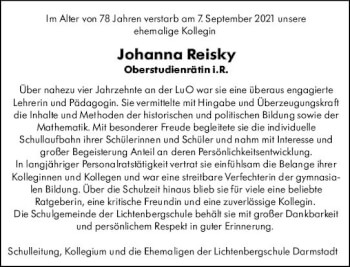 Traueranzeige von Johanna Reisky von vrm-trauer