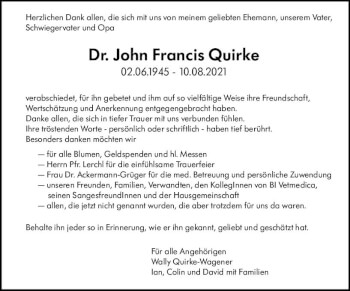 Traueranzeige von John Francis Quirke von vrm-trauer