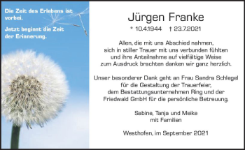 Traueranzeige von Jürgen Franke von vrm-trauer