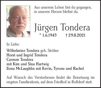 Traueranzeige von Jürgen Tondera von vrm-trauer