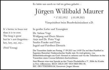Traueranzeige von Jürgen Willibald Maurer von vrm-trauer