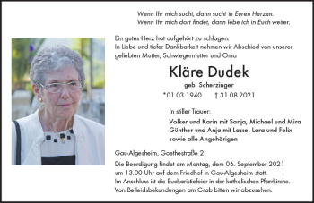 Traueranzeige von Kläre Dudek von vrm-trauer