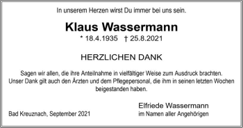 Traueranzeige von Klaus Wassermann von vrm-trauer