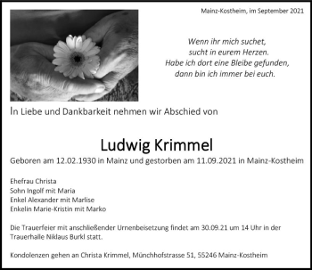 Traueranzeige von Ludwig Krimmel von vrm-trauer