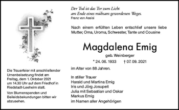 Traueranzeige von Magdalena Emig von vrm-trauer