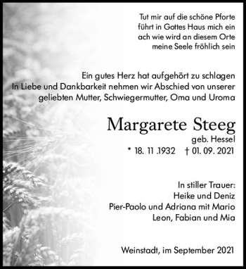 Traueranzeige von Margarete Steeg von vrm-trauer