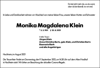 Traueranzeige von Monika Magdalena Klein von vrm-trauer