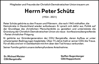 Traueranzeige von Peter Schütz von vrm-trauer