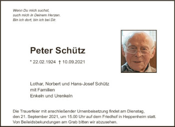 Traueranzeige von Peter Schütz von vrm-trauer
