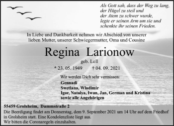 Traueranzeige von Regina Larionow von vrm-trauer