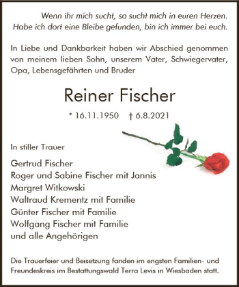 Traueranzeige von Reiner Fischer von vrm-trauer