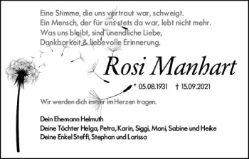 Traueranzeige von Rose Manhart von vrm-trauer