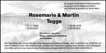 Traueranzeige von Rosemarie Tegge von vrm-trauer