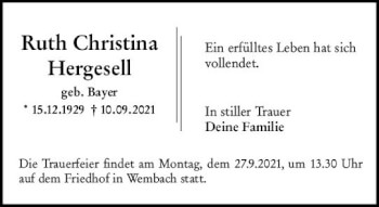 Traueranzeige von Ruth Christina Hergesell von vrm-trauer