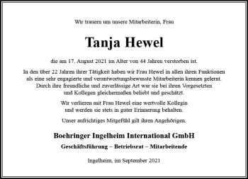 Traueranzeige von Tanja Hewel von vrm-trauer