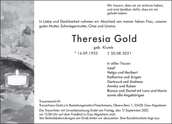 Traueranzeige von Theresia Gold von vrm-trauer