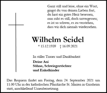 Traueranzeige von Wilhelm Seidel von vrm-trauer