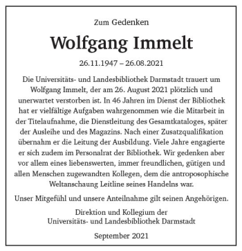 Traueranzeige von Wolfgang Immelt von vrm-trauer