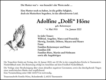 Traueranzeige von Adolfine Höne von vrm-trauer Wiesbadener Kurier