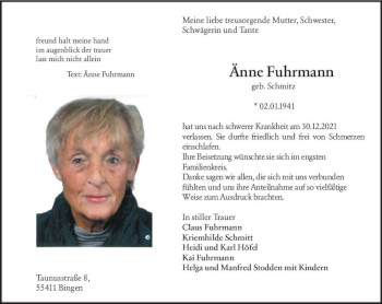 Traueranzeige von Änne Fuhrmann von vrm-trauer Allgemeine  Zeitung Ingelheim-Bingen