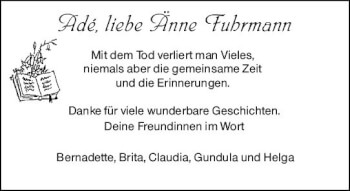 Traueranzeige von Änne Fuhrmann von vrm-trauer Allgemeine  Zeitung Ingelheim-Bingen